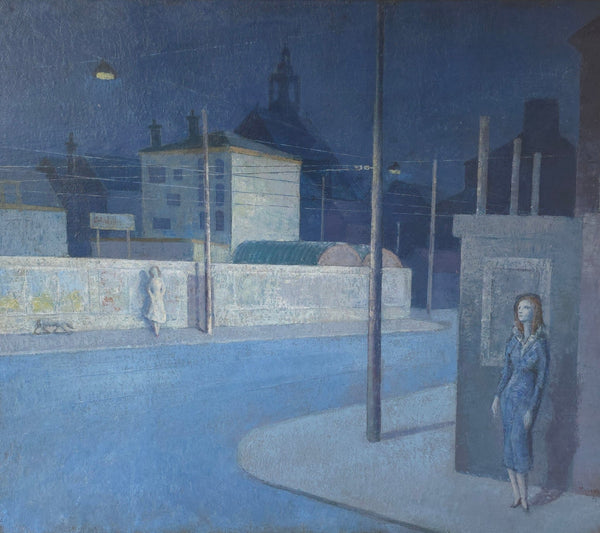 painting by Ber Mengels, "Kalvermarkt - Corner Korte Houtstraat by night," is an oil on board