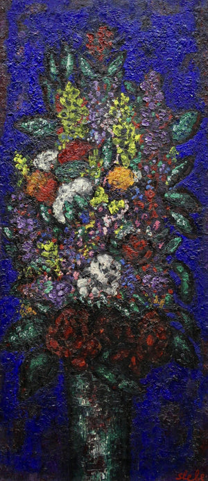ferry slebe - flowers, colorful with blue background, Oil on board, 93 x 41 cm, silver coloured framed - painting for sale