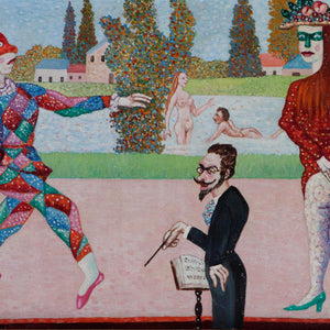 Ferry Slebe  Park view with swimmers, conductor and harlequins, oil on board
signed (bottom left), 30 x 55 cm painting for sale