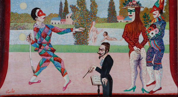 Ferry Slebe  Park view with swimmers, conductor and harlequins, oil on board
signed (bottom left), 30 x 55 cm painting for sale
