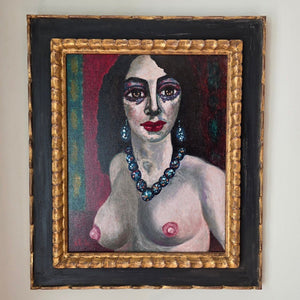 Ferry Slebe painting of a woman with neckless with bare breasts, oil on board, 50 x 40 cm excluding the frame, signed lower left.