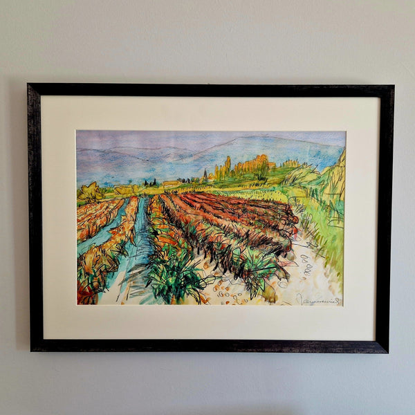 Jannes de Vries (De ploeg) Spanish landscape mixed technique, Height 36 x width 53 cm, signed and framed behind museum glass.