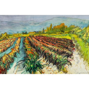 Jannes de Vries (De ploeg) very colorful scenery of a Spanish landscape mixed technique, Height 36 x width 53 cm, signed and framed behind museum glass.