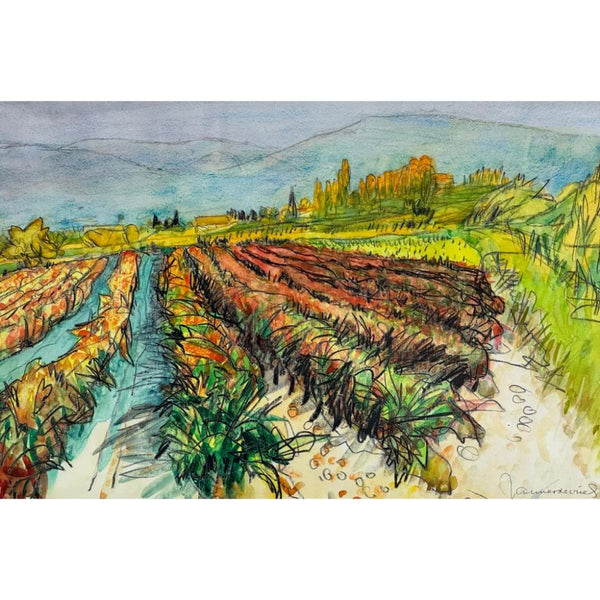 Jannes de Vries (De ploeg) very colorful scenery of a Spanish landscape mixed technique, Height 36 x width 53 cm, signed and framed behind museum glass.