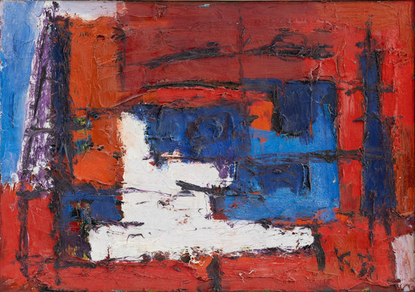 colorful abstract oil painting with red, blue, white ans purple