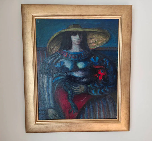 Kees Andréa - Painting for sale - Woman with rooster and sun hat oil on canvas, signed on the back,