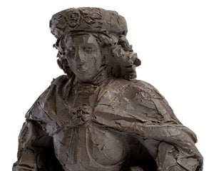 Unfired clay sculpture (unica), the saint shown as a knight, mounted on a polychromed wooden base, made by Lambertus Zijl. Closeup