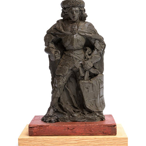 Unfired clay sculpture (unica), the saint shown as a knight, mounted on a polychromed wooden base, made by Lambertus Zijl. frontside