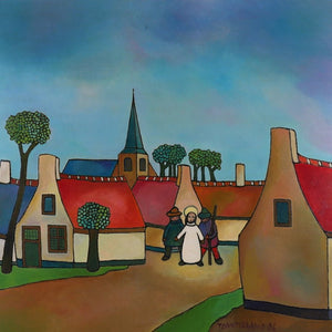 big painting by Toon Tieland, oil on canvas, village with bright colors and three figures