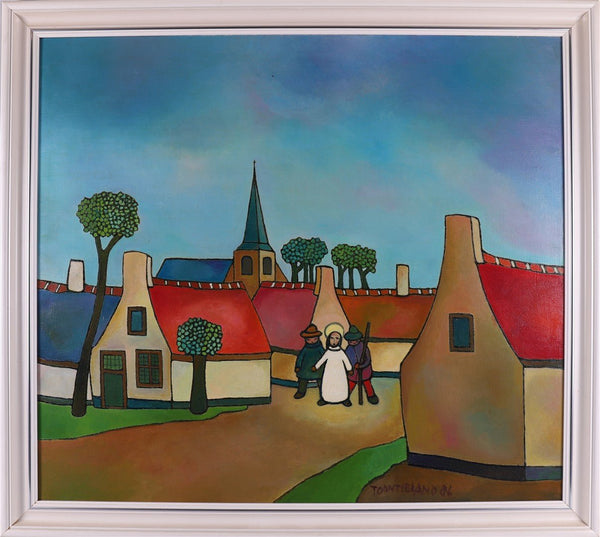 big painting by Toon Tieland, oil on canvas, village with bright colors and three figures with frame