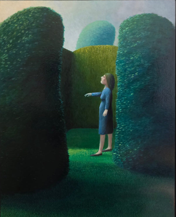 Dolf Zwerver, Vrouw in tuin (1988), schilderij van een vrouw in een blauwe jurk tussen hoge hagen, olieverf op board, zonder lijst