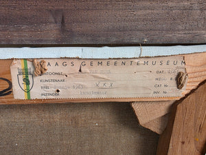 Schilderij van Jan van Heel uit 1963, een abstract landschap in Spanje in aardse tinten achterzijde schilderij met sticker gemeentemuseum