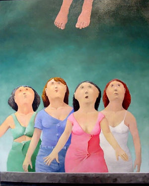 litho from dolf Zwerver Four women dressed in green, blue, pink and white look upward at two bare feet hanging above them, against a blue-green background.