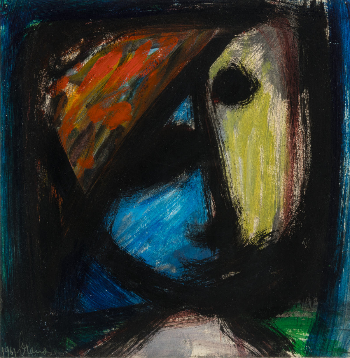 Eugène Brands, Portret van een jong meisje (1961), gezicht in zwart, blauw, oranjerood en geelgroen, olieverf op papier