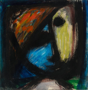 Schilderij van Eugène Brands uit 1961, abstract gezicht met zwarte vormen en vlakken in blauw, oranjerood en geelgroen.