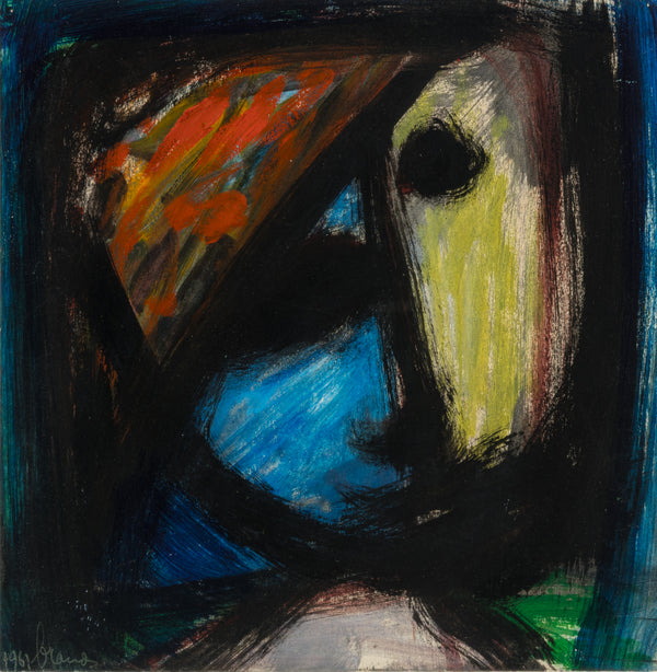 Schilderij van Eugène Brands uit 1961, abstract gezicht met zwarte vormen en vlakken in blauw, oranjerood en geelgroen.