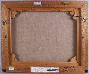 Herman Berserik | Boven het dal | Olieverf op doek | 40 cm × 50 cm | Landschap met huizen op een helling | achterzijde schilderij