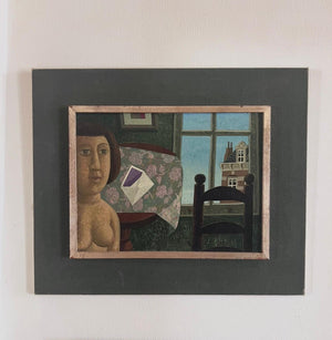 Painting The Letter by Herman Berserik (1962), woman with a letter by the window, oil on canvas framed