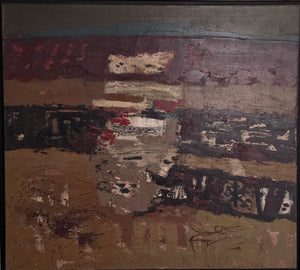 Schilderij van Jan van Heel van een abstract Spaans landschap in warme rode en okerkleuren, zonder lijst