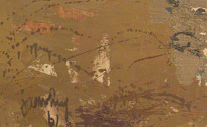 Schilderij van Jan van Heel van een abstract Spaans landschap in warme rode en okerkleuren closeup signatuur