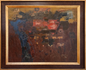 Schilderij van Jan van Heel uit 1963, een abstract landschap in Spanje in aardse tinten - Ingelijst