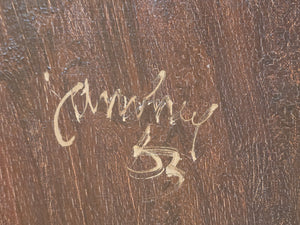 Schilderij van Jan van Heel uit 1963, een abstract landschap in Spanje in aardse tinten de signatuur closeup