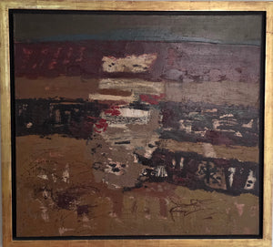 Schilderij van Jan van Heel van een abstract Spaans landschap in warme rode en okerkleuren met lijst