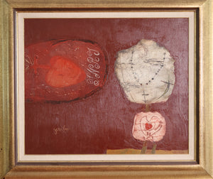 Painting by Jan van Heel featuring a stylized mannequin buste with a neckless and heart framed