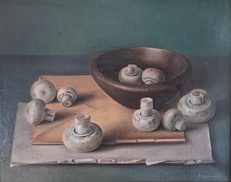 Piet Gutter | Schilderij | Stilleven met brief en champignons | olieverf op paneel | gedateerd 1988 | ingelijst