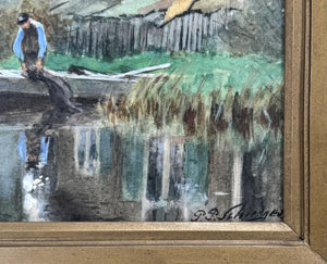 Petrus Paulus Schiedges jr - Aquarel van boerderij met visser