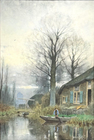Petrus Paulus Schiedges jr - Aquarel van boerderij met visser