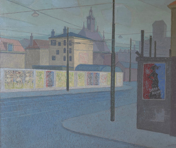 painting by Ber Mengels, "Kalvermarkt - Corner Korte Houtstraat by day," oil on canvas