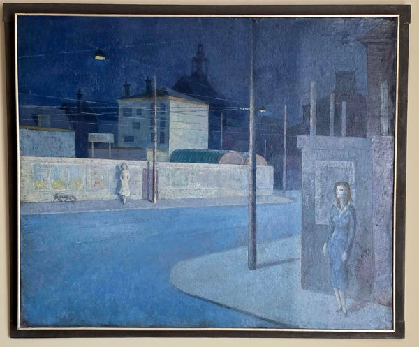 painting by Ber Mengels, "Kalvermarkt - Corner Korte Houtstraat by night," oil on board with frame