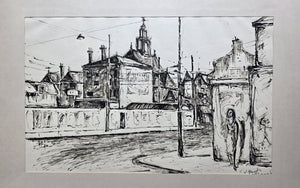 Ber Mengels | Kalvermarkt – Corner Korte Houtstraat | drawing | signed lower right | 74 x 89,5 cm | pictured without frame