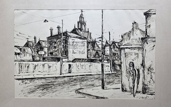 drawing by Ber Mengels, "Kalvermarkt - Corner Korte Houtstraat by night," 