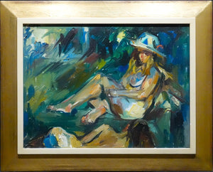 Bob ten Hoope Lady on the Balcony, oil on board with a gold-colored frame.