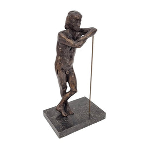 Bronze sculpture of a standing male nude leaning on a stick, Height: 30.5 cm. Length: 11 cm. Width: 15.2 cm.