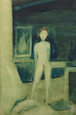 Cornelis Kloos - Standing nude in interior - green watercolour with nude in interior, 60 x 40 cm.