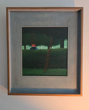 Orchard by Dolf Zwerver, painting dated 1968, showing two ladders in an orchard and a solitary figure behind a hedge. framed