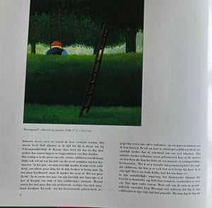 Orchard by Dolf Zwerver, painting dated 1968, showing two ladders in an orchard and a solitary figure behind a hedge. pictured in book