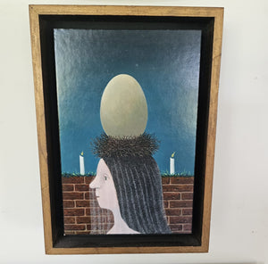 Dolf Zwerver, Veiled with Egg, 1976. Oil on board painting depicting a veiled woman with an egg in a nest framed