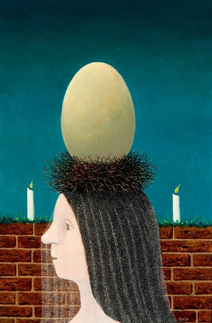 Dolf Zwerver, Veiled with Egg, 1976. Oil on board painting depicting a veiled woman with an egg in a nest without frame