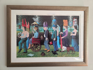 Dolf Zwerver – The Procession, signed color lithograph depicting a surreal, dreamlike procession with figures in colorful hats and a small cart framed