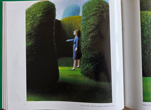 Dolf Zwerver, Woman in a Garden (1988), oil on panel depicting a woman in a blue dress standing between tall green hedges in an enclosed garden pictured in book