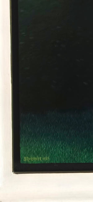 Dolf Zwerver, Woman in a Garden (1988), oil on panel depicting a woman in a blue dress standing between tall green hedges in an enclosed garden signature