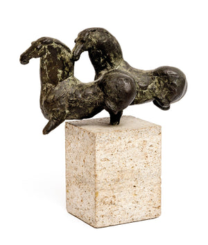 Felix van der Linden | two horses | Bronze sculpture on stone plinth | Height 21 cm × width 18 cm | Cast-in stamp ‘F’ on the horse’s thigh | Side view close up