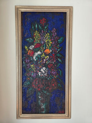 Ferry Slebe (Ferdinand Joseph Slebe) | Painting | Flowers in a vase with a blue background | Oil on board | 93 x 41 cm excluding the silver-colored frame | signed lower left and dated '1965' | with Frame