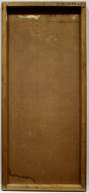 Ferry Slebe (Ferdinand Joseph Slebe) | Painting | Flowers in a vase with a blue background | Oil on board | 93 x 41 cm excluding the silver-colored frame | signed lower left and dated '1965' | back of the painting