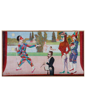 Ferry Slebe |  Park view with swimmers, conductor and harlequins | painting oil on board | signed bottom left | 30 x 55 cm | pictured with frame