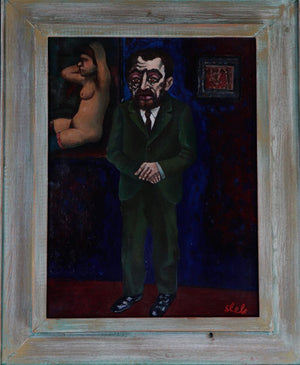 Ferry Slebe | The Art Dealer | Oil on panel | Height 40 cm × width 30 cm | Signed lower right | Depiction of an art dealer with nude model in the background | with frame